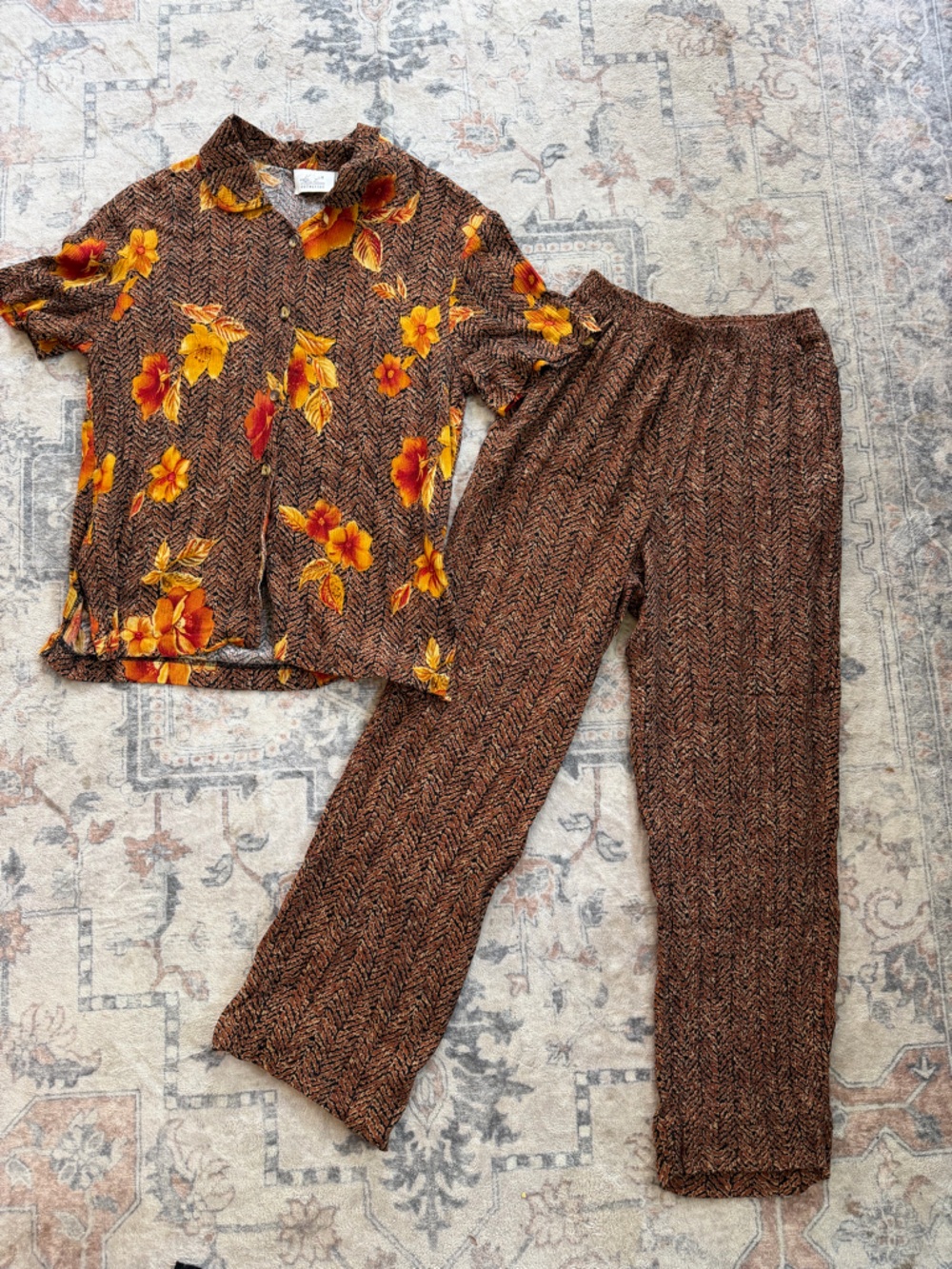 Kathie Lee Collection Brown Floral Button-Up Set